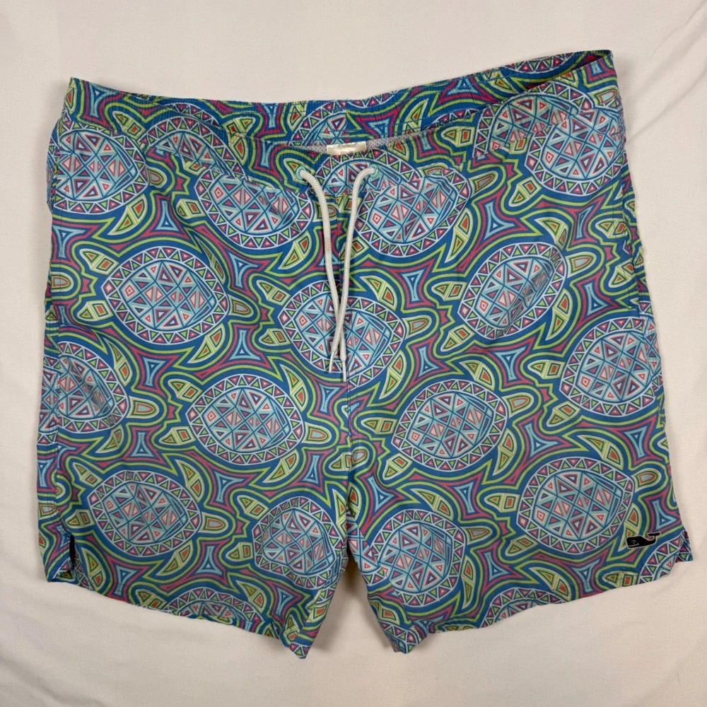 Vineyard Vines Mens Medium Blue Geometric Sea Turtle Print Swim Trunks READ XL